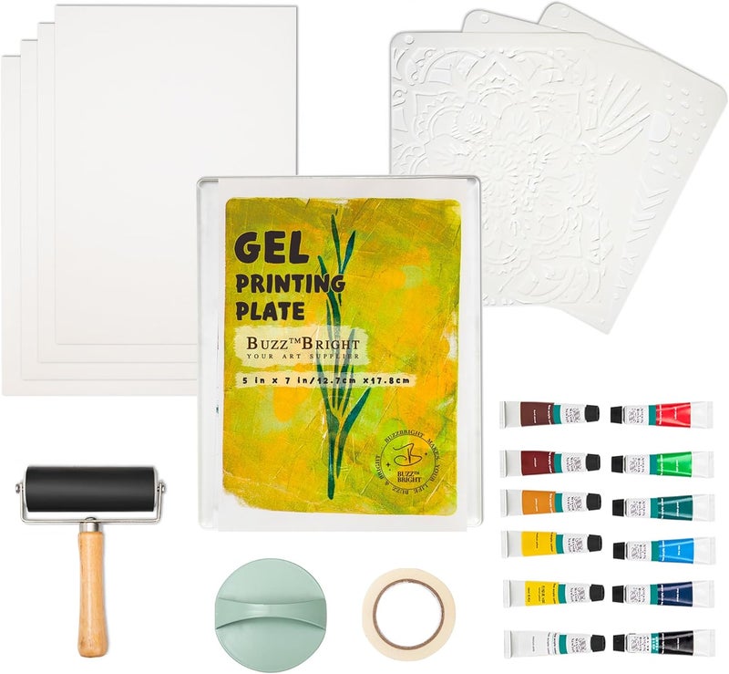BuzzBright Gel Printing Plate kit, Complete Printmaking Set with 5”X7” Gelatin Plate, Brayer, Printmaking Paper, Acrylic Paint and Essential Tools for Mixed Media Art, Monoprinting, Card Making - Image 1